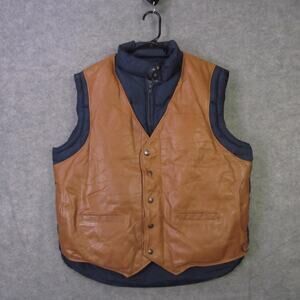 Vintage Schott Western Vest Mens 44 Tan Leather Navy Down Puffer Made USA 70s